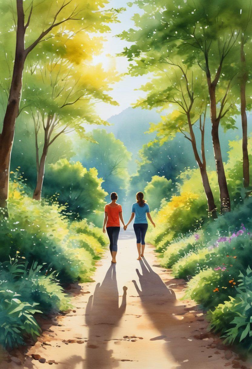 A serene journey scene depicting a diverse group of individuals walking along a sunlit path, each embracing their unique health routines, such as yoga, meditation, and nutrition. In the background, a lush landscape with vibrant greenery symbolizes growth and wellness. Radiant sunlight filters through trees, casting a warm glow, creating an inviting atmosphere for seekers of health and wellness. watercolor painting. vibrant colors.