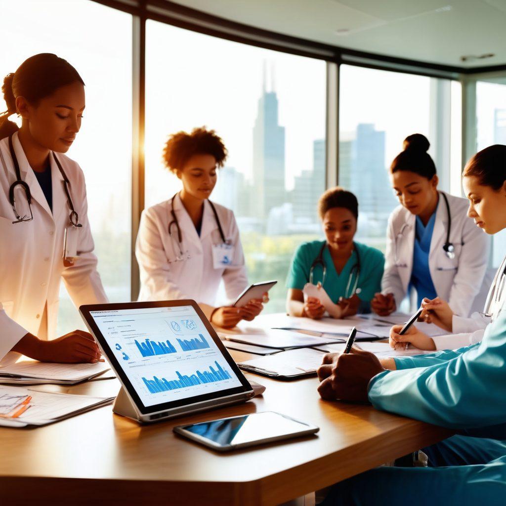 A diverse group of healthcare professionals collaborating around a table, with charts and digital devices showing patient data. In the background, a large window reveals a calm hospital environment that inspires hope. The inclusion of symbols of empowerment, like a hand raising a heart and gears turning, signifies proactive patient support. soft lighting, modern illustration style, warm colors.