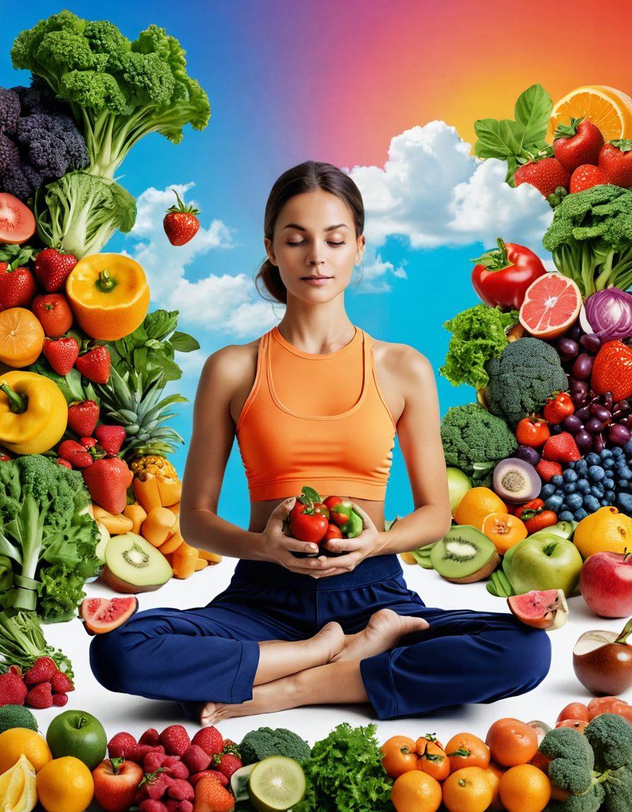 A visually striking collage that illustrates the connection between nutrition and mental health, featuring healthy foods like fruits and vegetables intertwined with serene imagery of a person meditating. Incorporate vibrant colors to represent wellness, with calming elements like soft clouds or nature scenes in the background. Include text snippets about nutrition and mental well-being to enhance the educational aspect. Use a harmonious layout that invites the viewer into a journey of wellness. vibrant colors. soft focus. digital art.